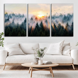 56391411-MGV-CV-36X24-Misty Forest Wall Art Canvas Print, Framed Sunrise Pines Art Picture Print, Moody Pines Perfect Serene Woodland Decor Artwork
