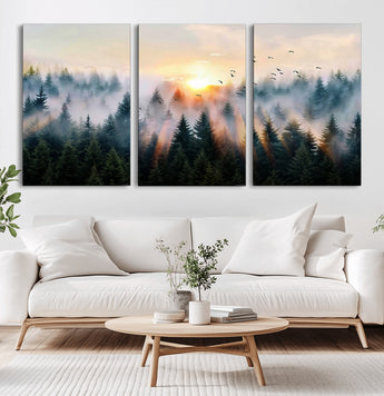 56391411-MGV-CV-36X24-Misty Forest Wall Art Canvas Print, Framed Sunrise Pines Art Picture Print, Moody Pines Perfect Serene Woodland Decor Artwork