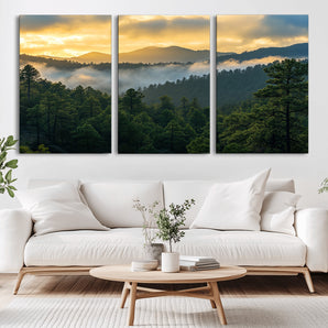 68082278-MGV-CV-36X24-Mountain Sunrise Wall Art Canvas Print, Framed Pine Forest Art Picture Print, Misty Mountains Perfect Earthy Woodland Decor