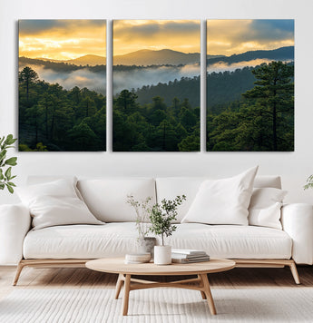 68082278-MGV-CV-36X24-Mountain Sunrise Wall Art Canvas Print, Framed Pine Forest Art Picture Print, Misty Mountains Perfect Earthy Woodland Decor
