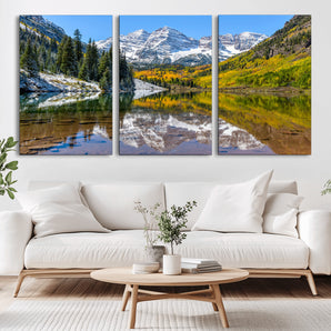 87724099-MGV-CV-36X24-Maroon Bells Wall Art Canvas Print, Framed Snowy Mountains Art Picture Print, Pine Forest Perfect Vibrant Alpine Decor Artwork