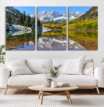 87724099-MGV-CV-36X24-Maroon Bells Wall Art Canvas Print, Framed Snowy Mountains Art Picture Print, Pine Forest Perfect Vibrant Alpine Decor Artwork