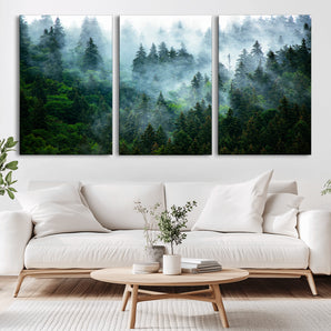 17393683-MGV-CV-36X24-Misty Forest Art Wall Art Canvas Print, Framed Foggy Mountain Art Art Picture Print, Scenic Wall Print Perfect Decor Artwork