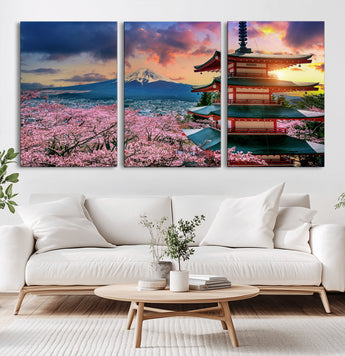 32331262-MGV-CV-36X24-Mount Fuji Japan Wall Art – Cherry Blossom Landscape Canvas Print, Chureito Pagoda Sunset Photography, Japanese Nature Travel
