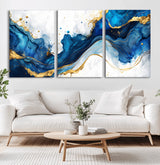 33506371-MGV-CV-36X24-Blue Marble Wall Art Canvas Print, Framed Gold Splash Art Picture Print, Abstract Wave Perfect Modern Luxe Decor Artwork