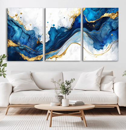 33506371-MGV-CV-36X24-Blue Marble Wall Art Canvas Print, Framed Gold Splash Art Picture Print, Abstract Wave Perfect Modern Luxe Decor Artwork