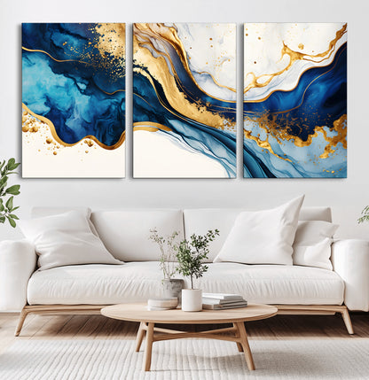 60283636-MGV-CV-36X24-Blue Gold Flow Wall Art Canvas Print, Framed Marble Texture Art Picture Print, Elegant Splash Perfect Elegant Abstract Decor