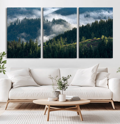 84598503-MGV-CV-36X24-Misty Forest Wall Art Canvas Print, Framed Pine Hills Art Picture Print, Moody Hills Perfect Moody Woodland Decor Artwork