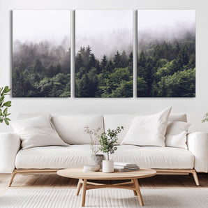 62890402-MGV-CV-36X24-Misty Forest Wall Art Canvas Print, Framed Foggy Pines Art Picture Print, Pine Valley Perfect Moody Woodland Decor Artwork