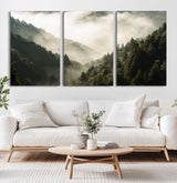 57570237-MGV-CV-36X24-Misty Valley Wall Art Canvas Print, Framed Foggy Forest Art Picture Print, Pine Trees Perfect Moody Woodland Decor Artwork