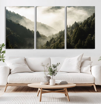 57570237-MGV-CV-36X24-Misty Valley Wall Art Canvas Print, Framed Foggy Forest Art Picture Print, Pine Trees Perfect Moody Woodland Decor Artwork
