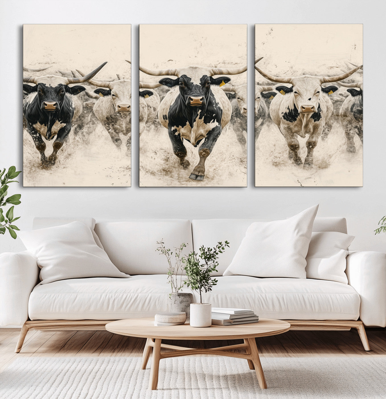 61538944-MGV-CV-36X24-Texas Longhorn Wall Art Canvas Print, Framed Cattles Walking Art Picture Print, Black White Bulls Perfect Rustic Western Decor
