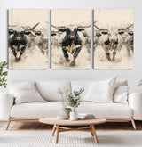 61538944-MGV-CV-36X24-Texas Longhorn Wall Art Canvas Print, Framed Cattles Walking Art Picture Print, Black White Bulls Perfect Rustic Western Decor