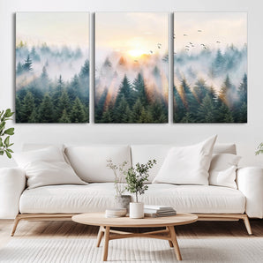 92718976-MGV-CV-36X24-Misty Forest Wall Art Canvas Print, Framed Sunrise Pines Art Picture Print, Foggy Woodland Perfect Moody Woodland Decor Artwork