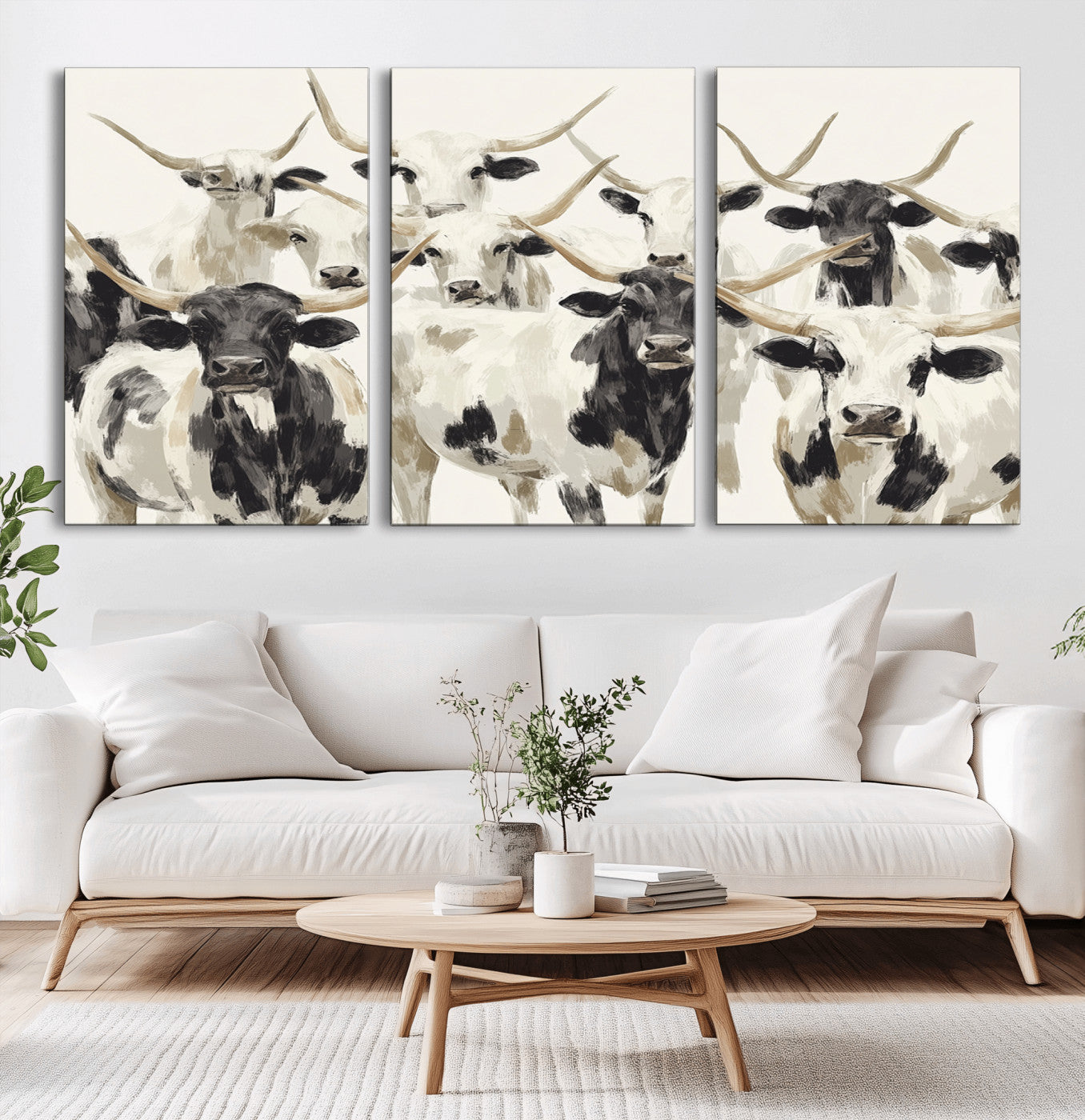 52947970-MGV-CV-60X30-3P-Texas Longhorn Wall Art Canvas Print, Framed Cattle Herd Art Picture Print, Herd Portrait Perfect Modern Farmhouse Decor Artwork