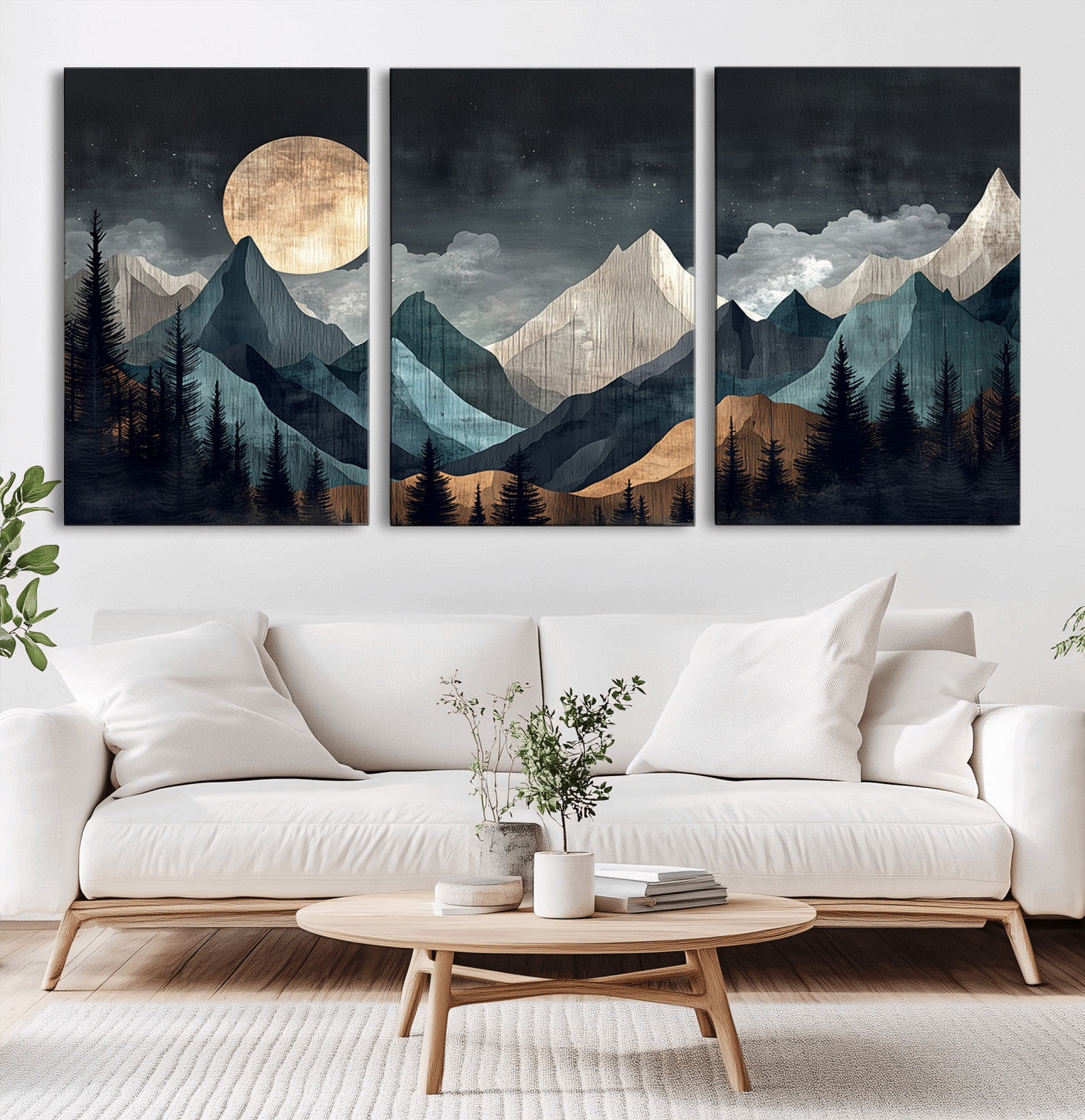 11060882-MGV-CV-60X30-3P-Moonlit Mountains Wall Art Canvas Print, Framed Forest Silhouette Art Picture Print, Night Landscape Perfect Modern Forest Decor