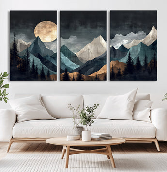 11060882-MGV-CV-60X30-3P-Moonlit Mountains Wall Art Canvas Print, Framed Forest Silhouette Art Picture Print, Night Landscape Perfect Modern Forest Decor