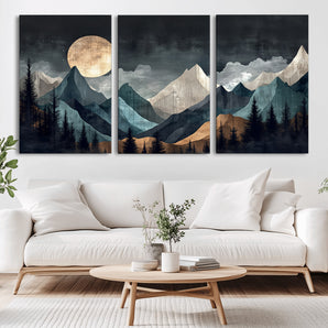 11060882-MGV-CV-36X24-Moonlit Mountains Wall Art Canvas Print, Framed Forest Silhouette Art Picture Print, Night Landscape Perfect Modern Forest Decor