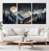 11060882-MGV-CV-36X24-Moonlit Mountains Wall Art Canvas Print, Framed Forest Silhouette Art Picture Print, Night Landscape Perfect Modern Forest Decor