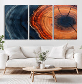 57732250-MGV-CV-36X24-Tree Ring Abstract Wall Art – Blue Orange Wood Grain Canvas Print, Modern Rustic Nature Artwork for Living Room, Office,