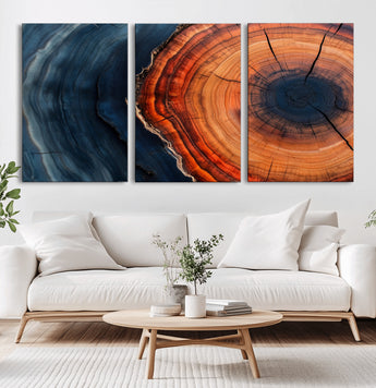 57732250-MGV-CV-36X24-Tree Ring Abstract Wall Art – Blue Orange Wood Grain Canvas Print, Modern Rustic Nature Artwork for Living Room, Office,