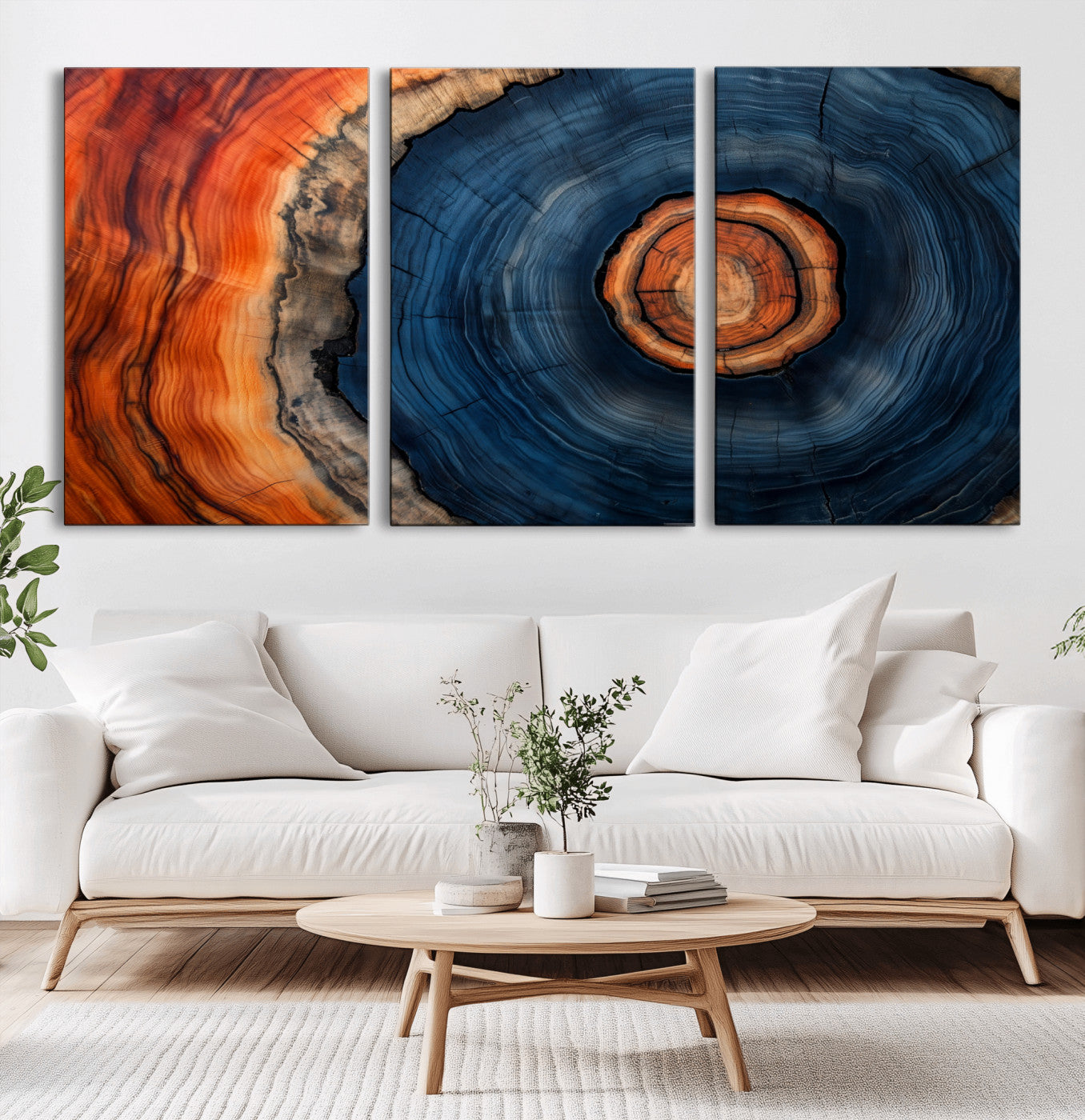 72209152-MGV-CV-36X24-Abstract Tree Ring Wall Art – Vibrant Blue Orange Wood Grain Canvas Print, Rustic Modern Nature Artwork for Living Room, Office,