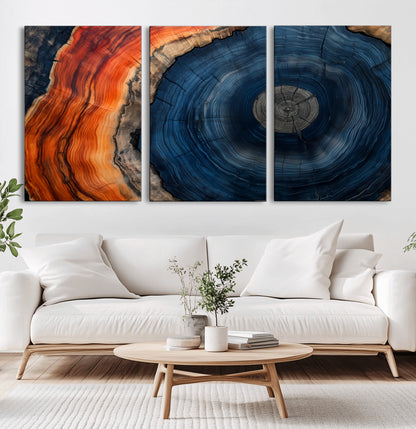 99491700-MGV-CV-36X24-Tree Ring Canvas Wall Art – Blue Orange Abstract Wood Grain Print, Rustic Modern Nature Artwork for Living Room, Office, Bedroom