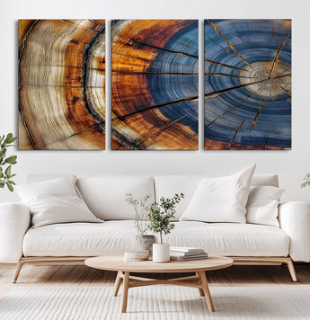 18032999-MGV-CV-36X24-Tree Ring Wall Art – Blue Brown Abstract Wood Slice Canvas Print, Rustic Modern Nature Decor for Living Room, Office, Bedroom or