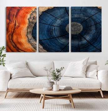 26110607-MGV-CV-60X30-3P-Rustic Tree Ring Wall Art – Natural Wood Texture Canvas Print, Farmhouse Log Cabin Decor, Framed Abstract Tree Stump for Living