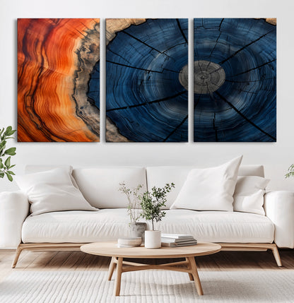 26110607-MGV-CV-60X30-3P-Rustic Tree Ring Wall Art – Natural Wood Texture Canvas Print, Farmhouse Log Cabin Decor, Framed Abstract Tree Stump for Living