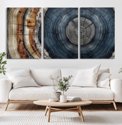 91368647-MGV-CV-60X30-3P-Tree Ring Wall Art – Natural Rustic Wood Texture Canvas Print, Farmhouse Log Cabin Decor, Framed Abstract Tree Stump for Living