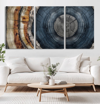 91368647-MGV-CV-36X24-Smoky Blue Tree Ring Wall Art – Rustic Wood Cross Section Canvas Print, Modern Nature Inspired Decor for Living Room, Office, or