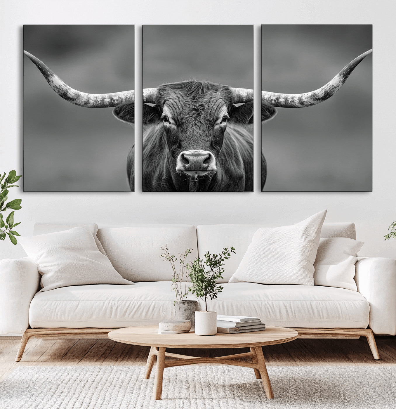 81228550-MGV-CV-36X24-Framed Texas Longhorn Bull Art Canvas Print, Western Bull Wall Art Print, Long Horn Bull Photo Print for Log Cabin, Large Bull