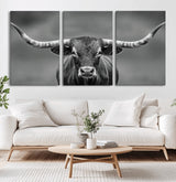 81228550-MGV-CV-36X24-Framed Texas Longhorn Bull Art Canvas Print, Western Bull Wall Art Print, Long Horn Bull Photo Print for Log Cabin, Large Bull
