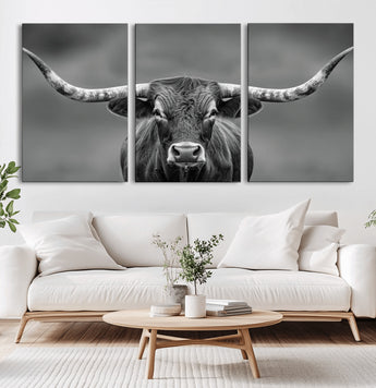 81228550-MGV-CV-36X24-Framed Texas Longhorn Bull Art Canvas Print, Western Bull Wall Art Print, Long Horn Bull Photo Print for Log Cabin, Large Bull