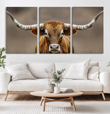 12179171-MGV-CV-36X24-Texas Longhorn Wall Art Canvas Print, Framed Brown Bull Art Picture Print, Lone Cattle Perfect Rustic Western Decor Artwork