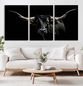 37531960-MGV-CV-36X24-Black Longhorn Bull Wall Art – Dramatic Western Cattle Canvas Print, Rustic Farmhouse Animal Artwork for Living Room, Bedroom,