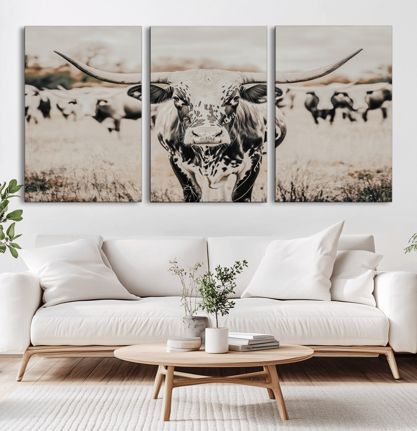 27497342-MGV-CV-36X24-Texas Longhorn Wall Art Canvas Print, Framed Speckled Cow Art Picture Print, Horned Cattle Perfect Rustic Western Decor Artwork