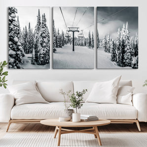 31156828-MGV-CV-36X24-Snowy Pines Wall Art Canvas Print, Framed Ski Lift Art Picture Print, Winter Forest Perfect Moody Lodge Decor Artwork