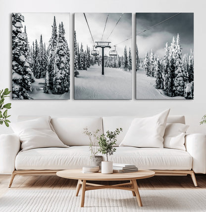 31156828-MGV-CV-36X24-Snowy Pines Wall Art Canvas Print, Framed Ski Lift Art Picture Print, Winter Forest Perfect Moody Lodge Decor Artwork