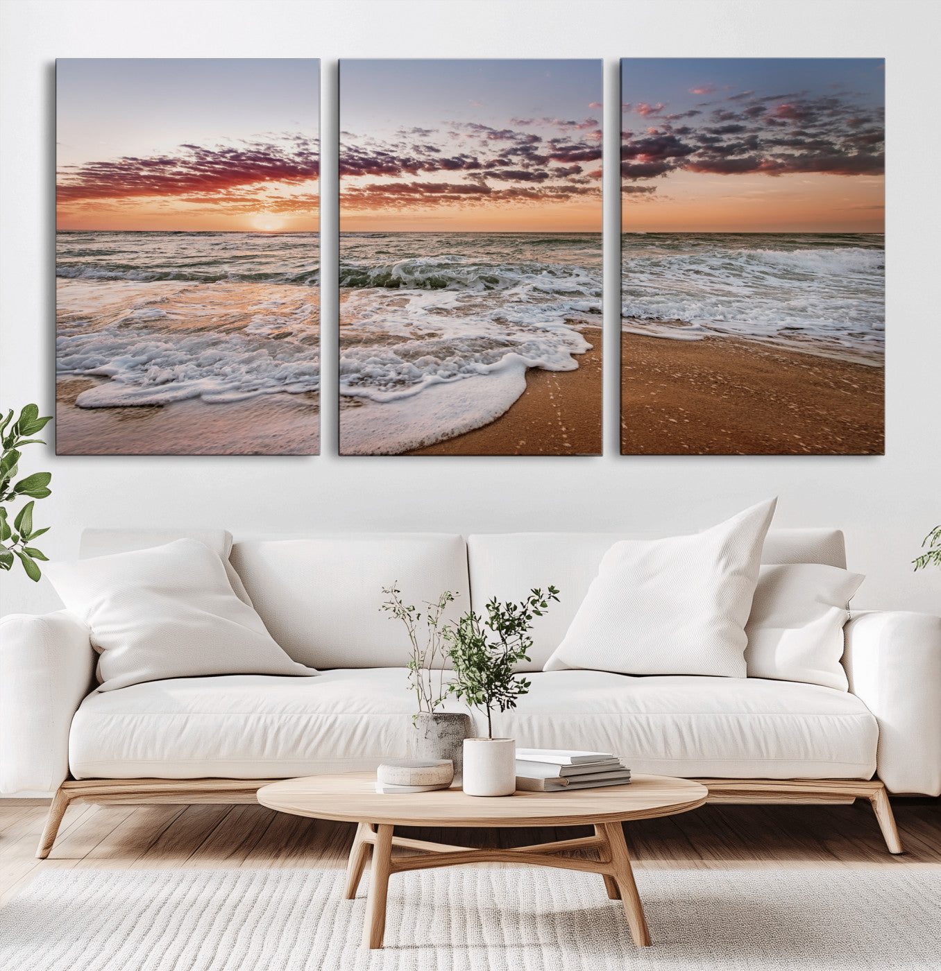39846389-MGV-CV-60X30-3P-Ocean Sunset Wall Art Canvas Print, Framed Sandy Shore Art Picture Print, Gentle Waves Perfect Minimalist Coastal Decor Artwork