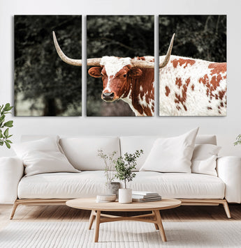 54027638-MGV-CV-36X24-Texas Longhorn Wall Art Canvas Print, Framed Spotted Cow Art Picture Print, Horned Bull Perfect Rustic Western Decor Artwork