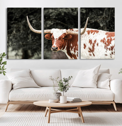 54027638-MGV-CV-36X24-Texas Longhorn Wall Art Canvas Print, Framed Spotted Cow Art Picture Print, Horned Bull Perfect Rustic Western Decor Artwork