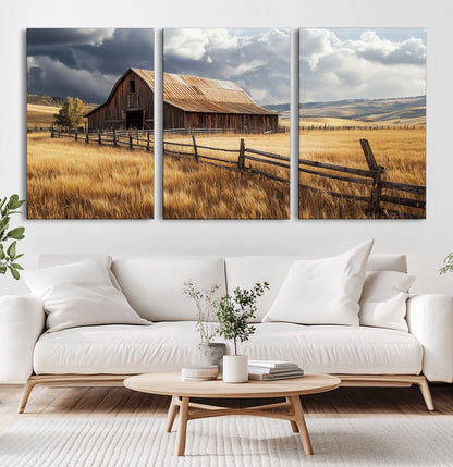 38758826-MGV-CV-36X24-Rustic Barn Wall Art Canvas Print, Framed Moody Barn Art Picture Print, Golden Field Perfect Rustic Farmhouse Decor Artwork