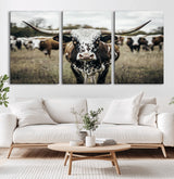 79025945-MGV-CV-36X24-Texas Longhorn Wall Art Canvas Print, Framed Speckled Cow Art Picture Print, Horned Cattle Perfect Rustic Western Decor Artwork