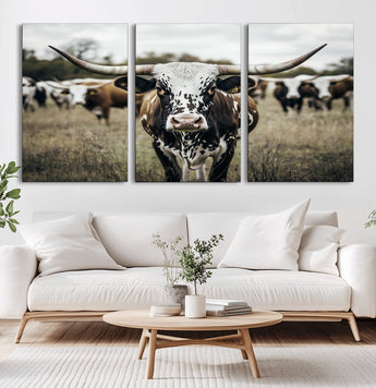 79025945-MGV-CV-36X24-Texas Longhorn Wall Art Canvas Print, Framed Speckled Cow Art Picture Print, Horned Cattle Perfect Rustic Western Decor Artwork