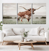 28309012-MGV-CV-36X24-Texas Longhorn Wall Art Canvas Print, Framed Spotted Cattle Art Picture Print, Horned Bull Perfect Rustic Western Decor Artwork