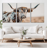 70414966-MGV-CV-36X24-Texas Longhorn Wall Art Canvas Print, Framed Speckled Cow Art Picture Print, Horned Bull Perfect Rustic Western Decor Artwork