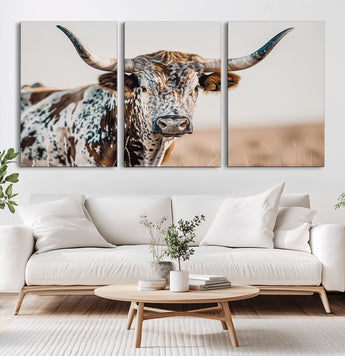 70414966-MGV-CV-36X24-Texas Longhorn Wall Art Canvas Print, Framed Speckled Cow Art Picture Print, Horned Bull Perfect Rustic Western Decor Artwork