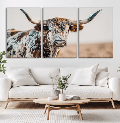 70414966-MGV-CV-36X24-Texas Longhorn Wall Art Canvas Print, Framed Speckled Cow Art Picture Print, Horned Bull Perfect Rustic Western Decor Artwork